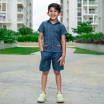 Boy wearing Blue Denim Cotton Coord set with Embroidery