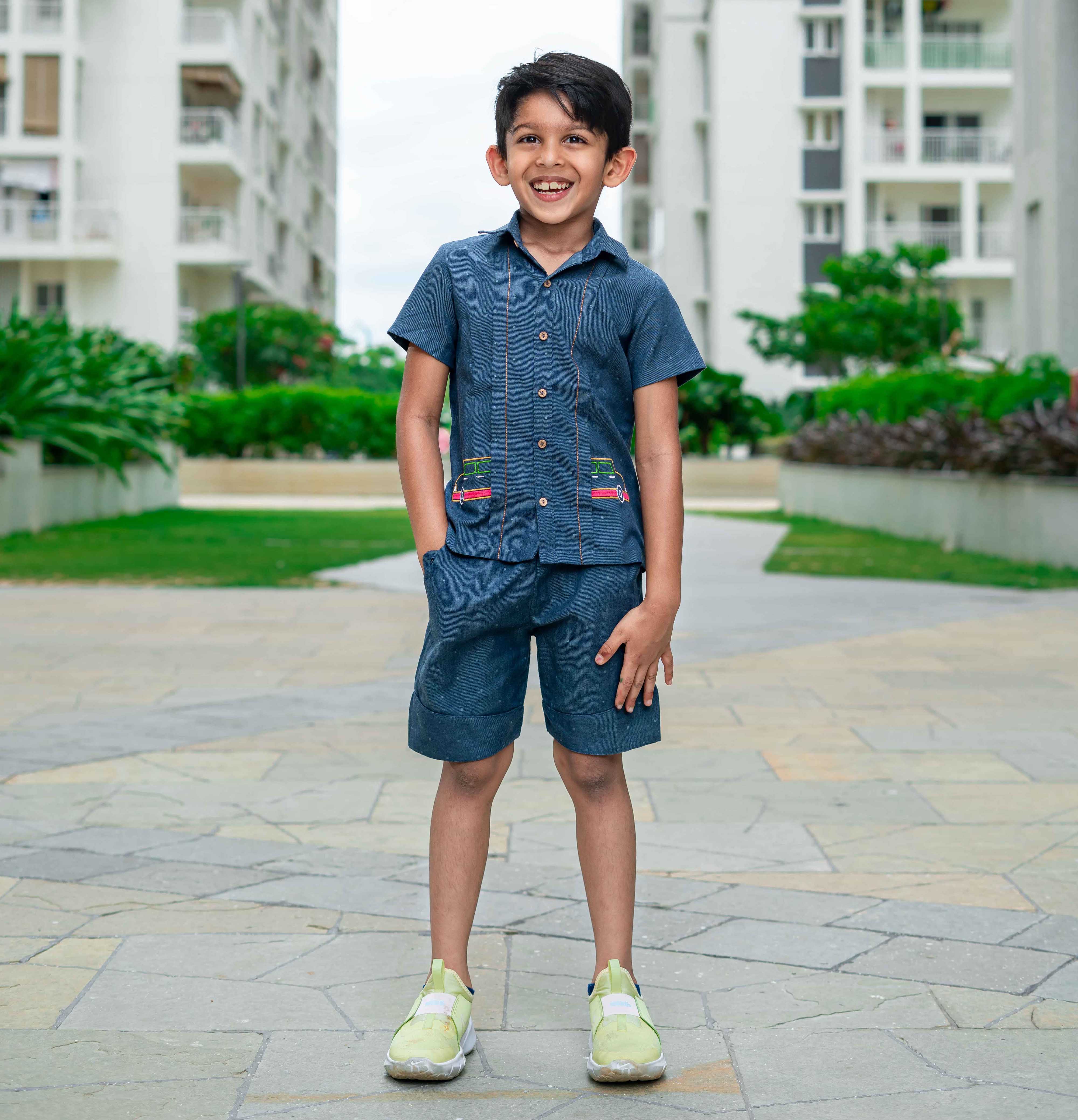 Boy wearing Blue Denim Cotton Coord set with Embroidery