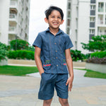 Boy wearing Blue Denim Cotton Coord set with Embroidery