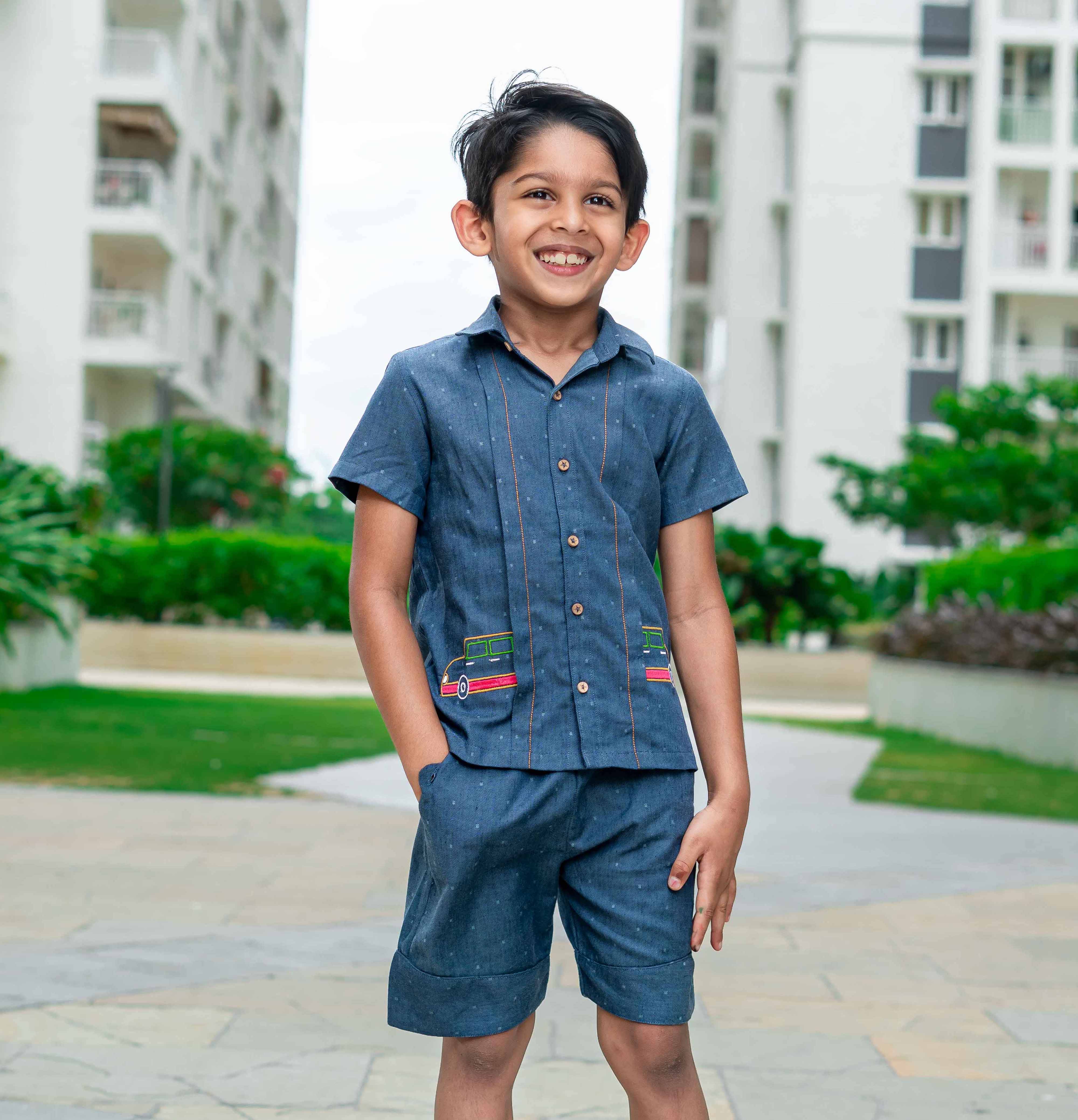 Boy wearing Blue Denim Cotton Coord set with Embroidery