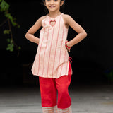 Peach hearts jacquard kurta and red pants for girls