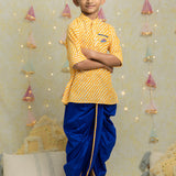 Yellow Leheriya Kurta and Blue Dhoti set for Boys