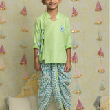 Green jacquard and foil print dhoti set for boys