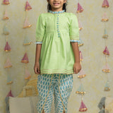 Green Jacquard Kurta and Tulip Pants for girls