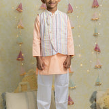 Stripes mirror bandhgala, peach kurta and straight pants set