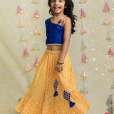 Blue Embroidered Top and Yellow Leheriya Lehenga Set for girls