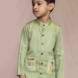 Green Kurta with Embroidery on Pockets for Boys