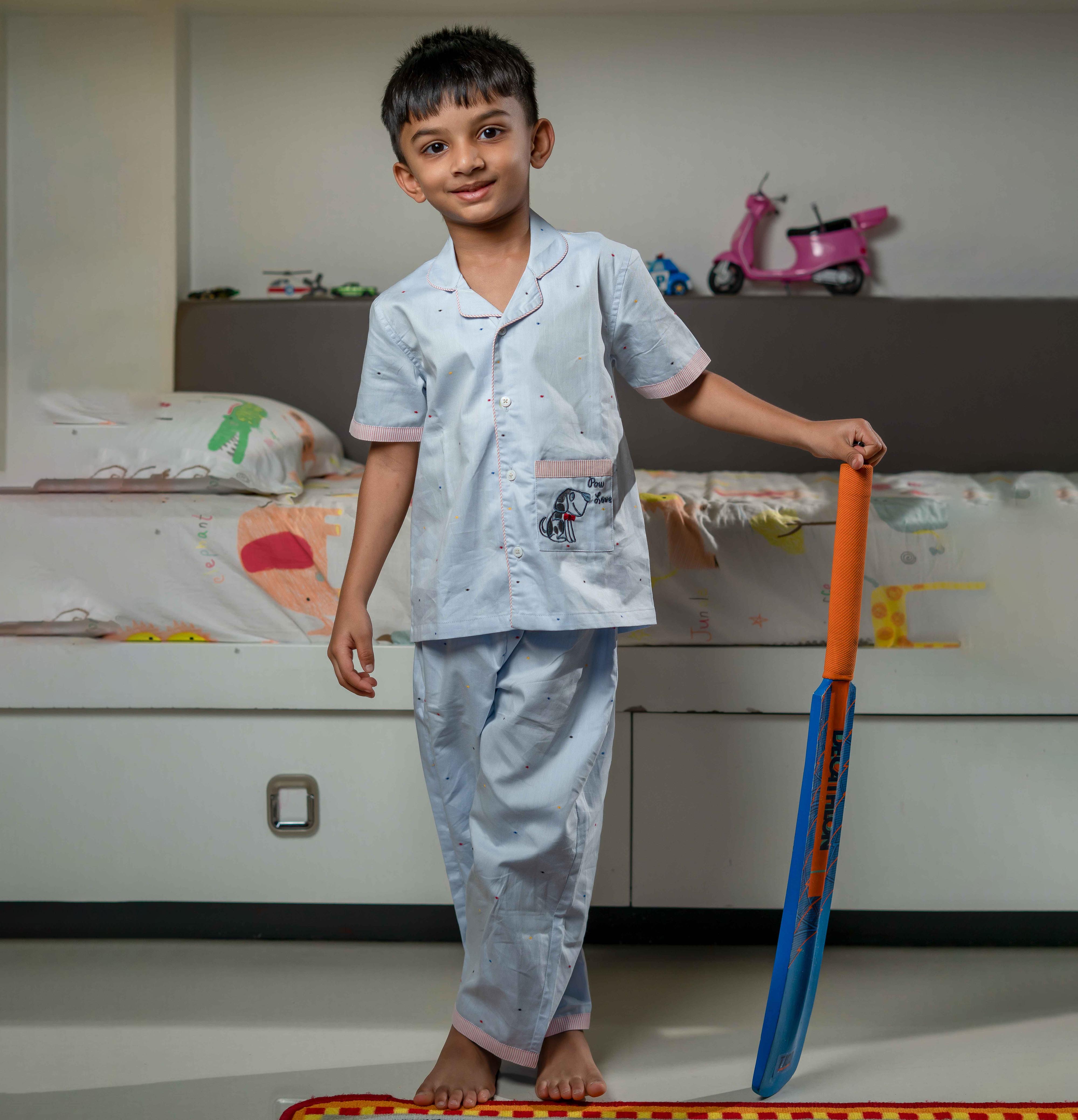  Boy Wearing Blue Dobby Cotton Pajama Set