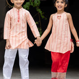 Peach hearts jacquard kurta and straight pants for boys