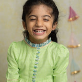 Green Jacquard Kurta and Tulip Pants for girls