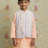 Stripes mirror bandhgala, peach kurta and straight pants set