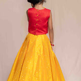 Red Blouse with butterfly embroidery and Mustard Skirt