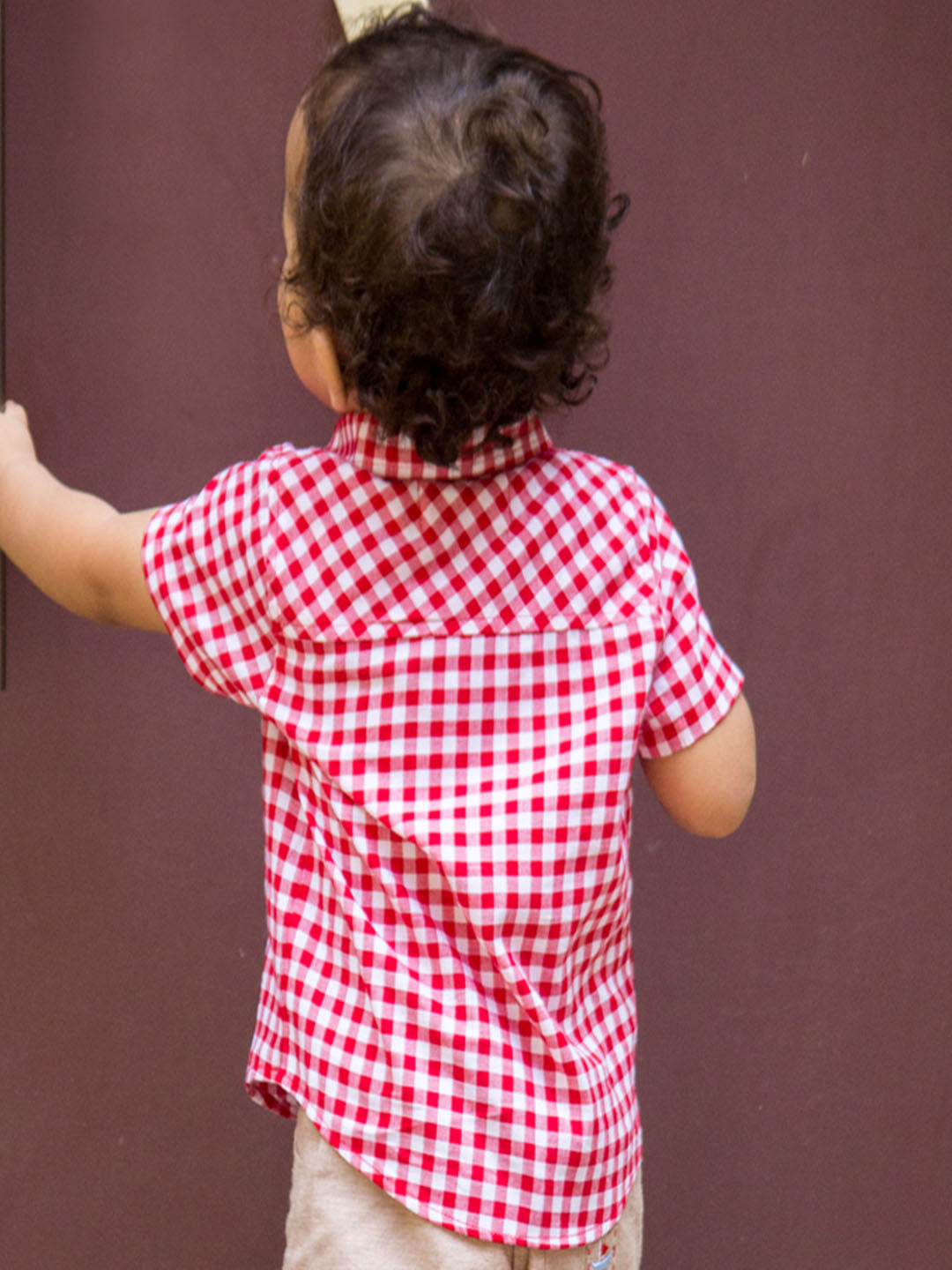 Baby Boy wearing Red Checks Shirt