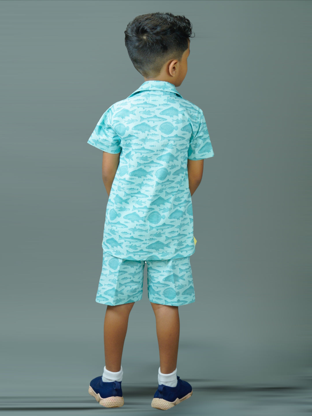 Boy wearing Fishes printed Blue cotton shirt and shorts