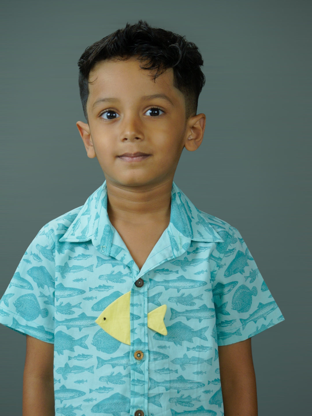 Boy wearing Fishes printed Blue cotton shirt and shorts