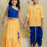 Yellow Leheriya Kurta and Blue Dhoti set for Boys