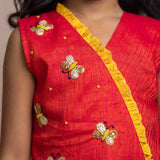 Red Blouse with butterfly embroidery and Mustard Skirt