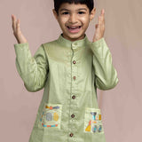 Green Kurta with Embroidery on Pockets for Boys