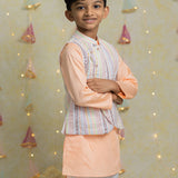 Stripes mirror bandhgala, peach kurta and straight pants set