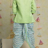 Green jacquard and foil print dhoti set for boys