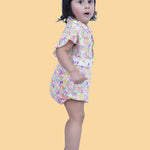 Baby Girl wearing floral printed cotton Romper with cloth belt