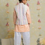 Stripes mirror bandhgala, peach kurta and straight pants set