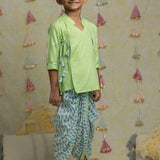 Green jacquard and foil print dhoti set for boys