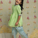 Green Jacquard Kurta and Tulip Pants for girls