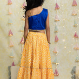 Blue Embroidered Top and Yellow Leheriya Lehenga Set for girls