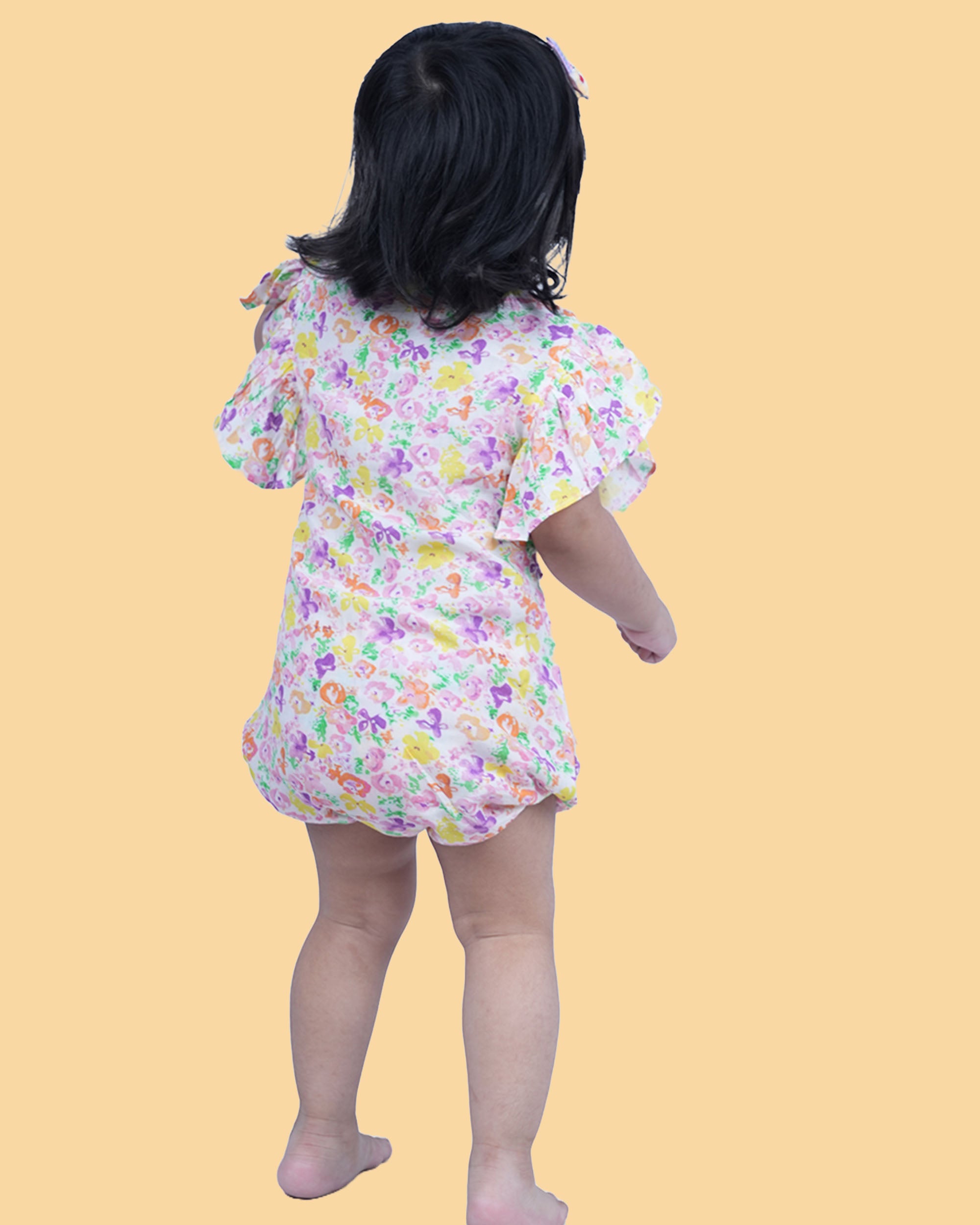 Baby Girl wearing floral printed cotton Romper with cloth belt