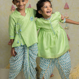 Green jacquard and foil print dhoti set for boys