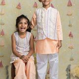 Stripes mirror bandhgala, peach kurta and straight pants set