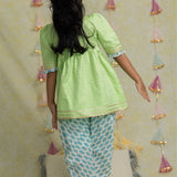 Green Jacquard Kurta and Tulip Pants for girls