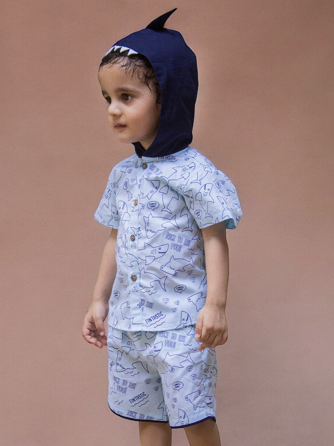 Boy wearing Sharks printed Cotton Coord set which has a hood