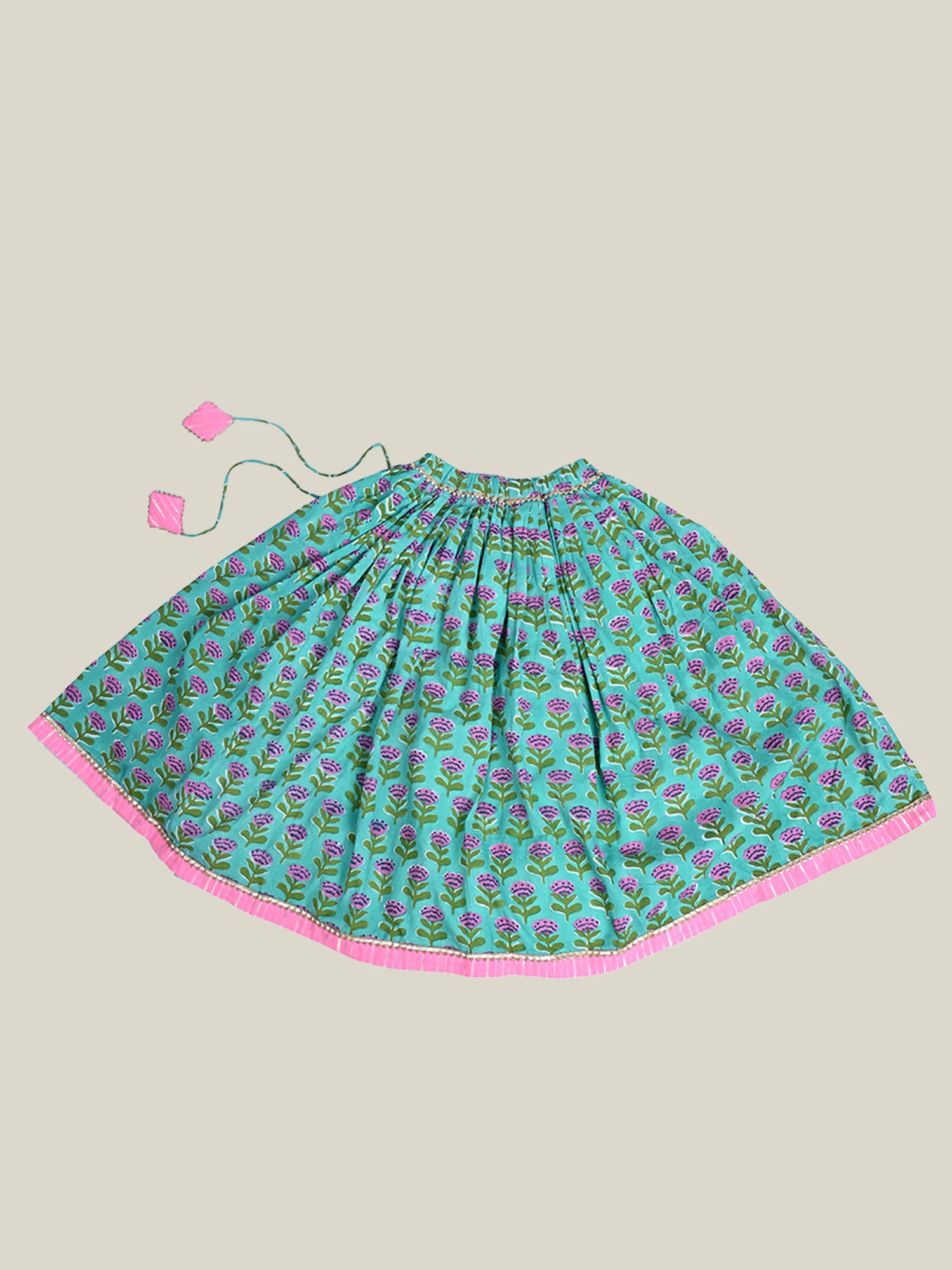 Green cotton block print skirt with tassels