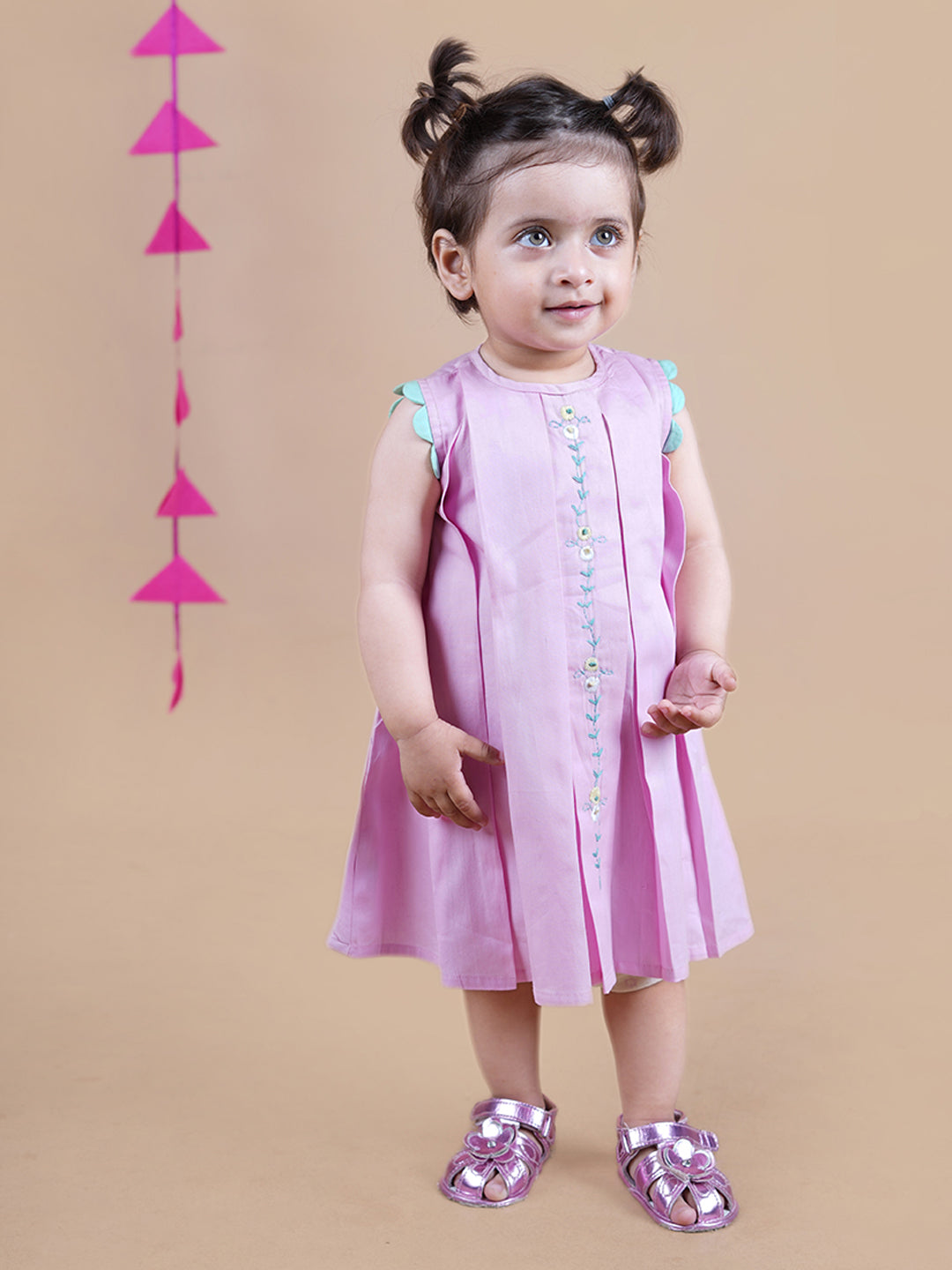 Baby Girl wearing pink cotton knee length frock with Embroidery