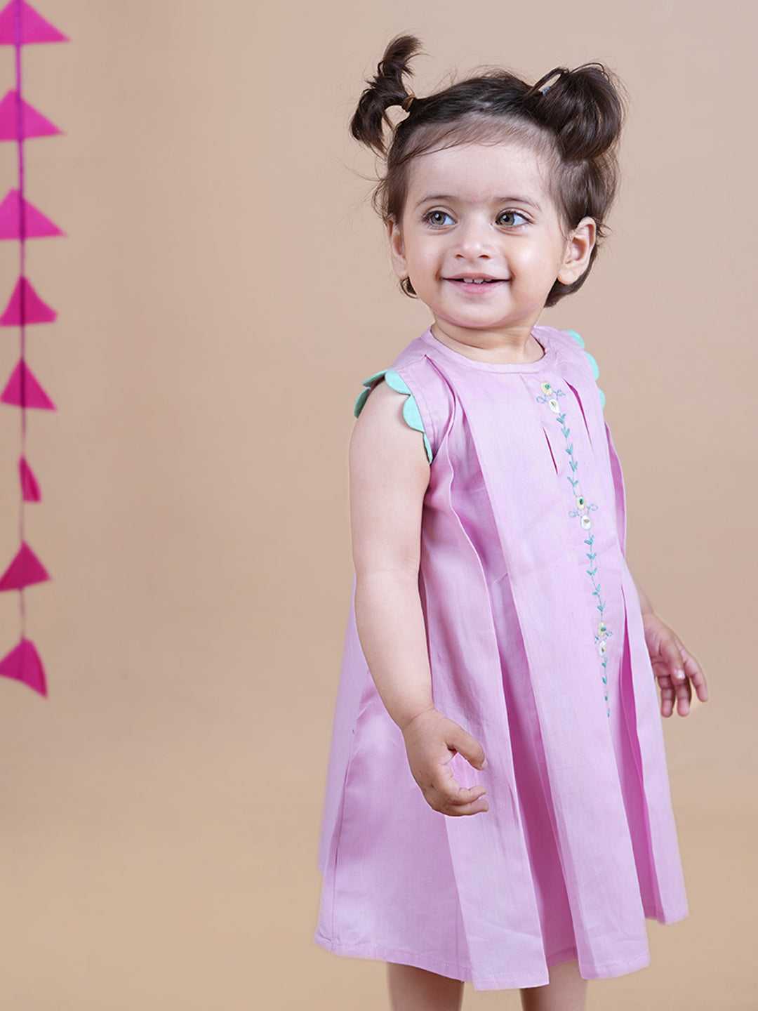 Baby Girl wearing pink cotton knee length frock with Embroidery