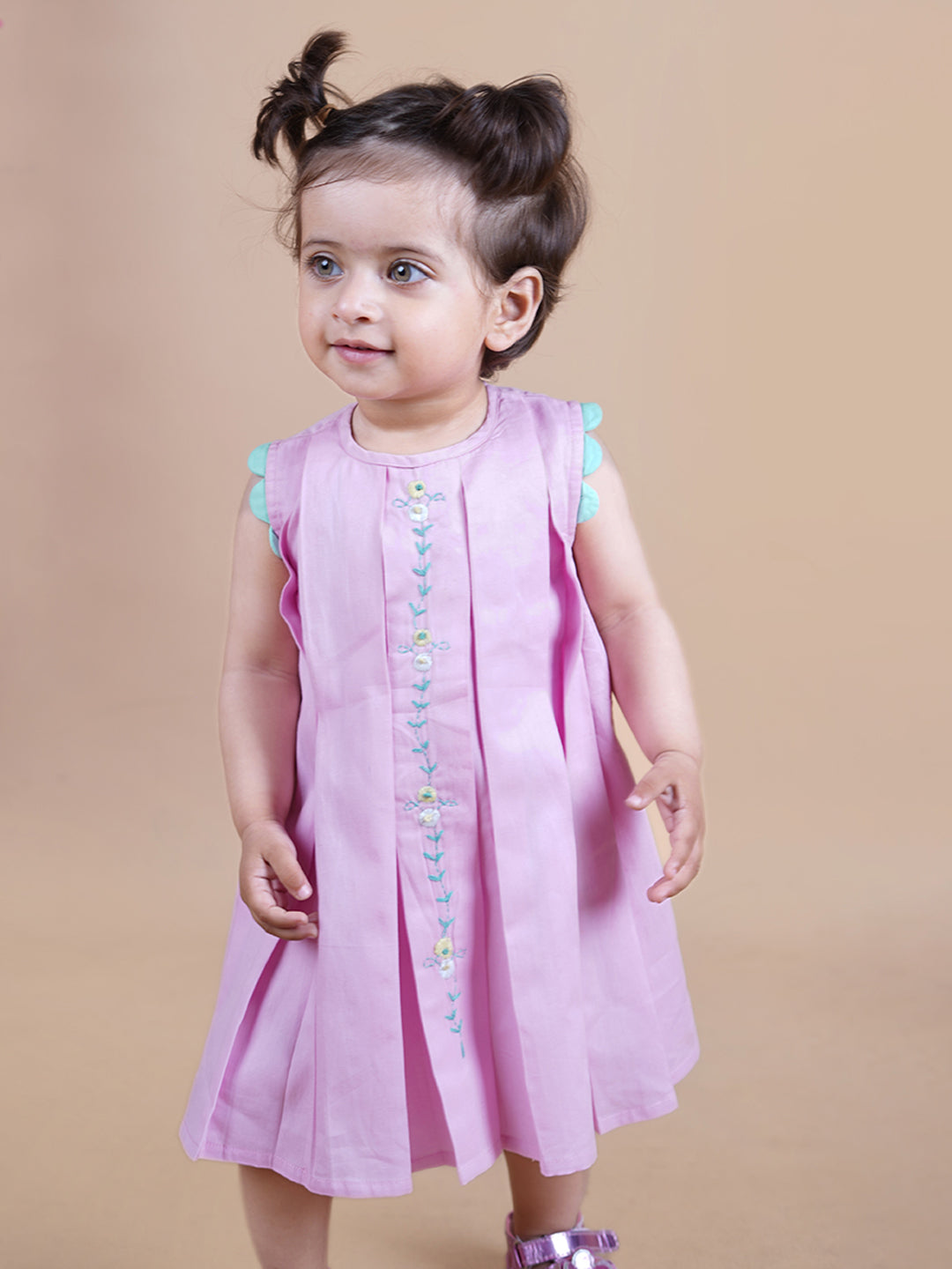 Baby Girl wearing pink cotton knee length frock with Embroidery