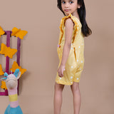 Girl wearing Yellow Jumpsuit with white dots and pink bows