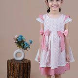 Knee Length White Schiffli Girls frock with 2 bows