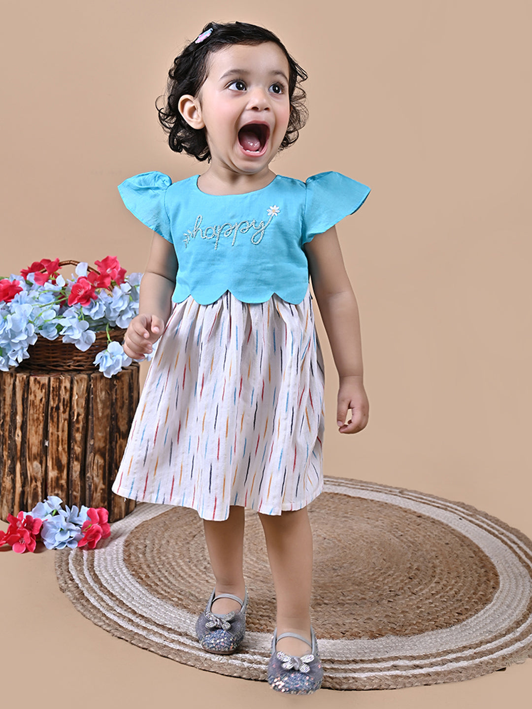 Baby Girl wearing Blue and White frock with embroidery