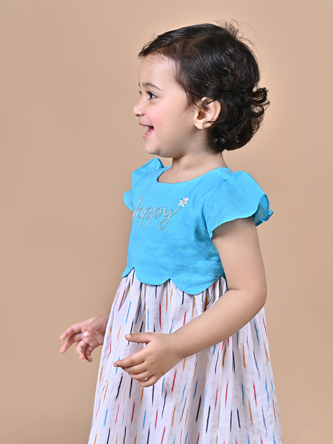 Baby Girl wearing Blue and White frock with embroidery