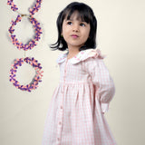 A girl wearing cotton checks gingham frock with cherries embroidered on collar