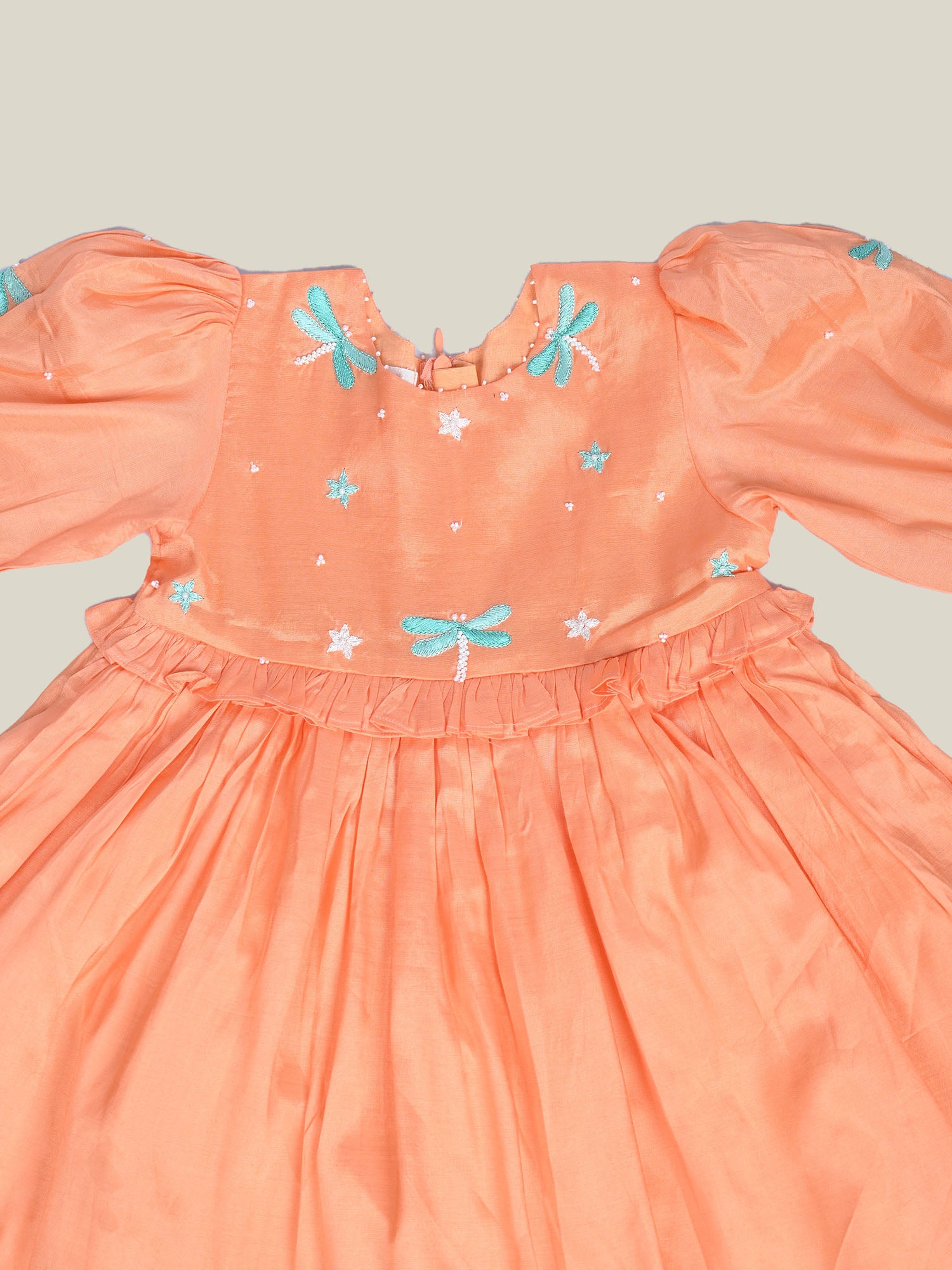  Dragon flies embroidered  orange cotton frock