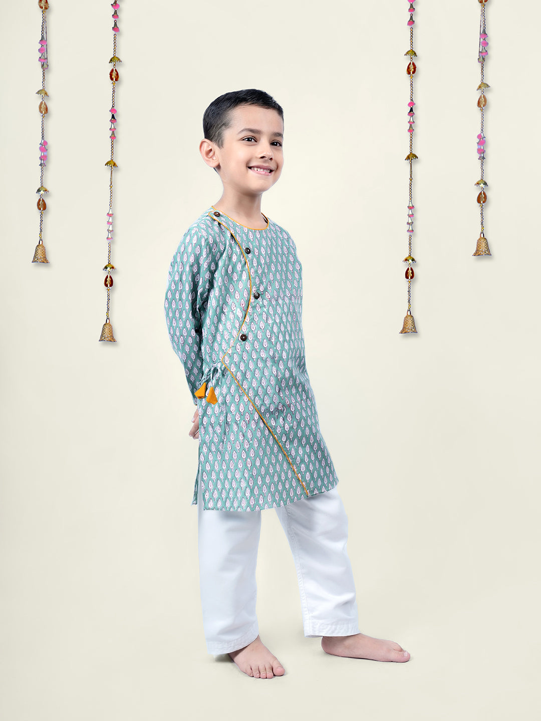 Boy wearing Green Blockprint cotton angrakha style kurta