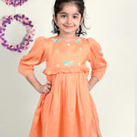 Girl wearing Dragon flies embroidered  orange cotton frock