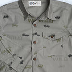 Khaki cotton shirt with full sleeves and has cars printed on it