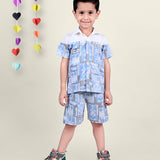 A boy wearing Blue and White Printed coord set