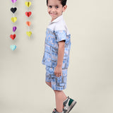 A boy wearing Blue and White Printed coord set