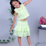 Lime Green White Checks Embroidered Coord Set